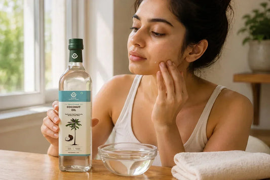 Woman applying coconut oil to her face while holding a bottle of Gyros Farm coconut oil.