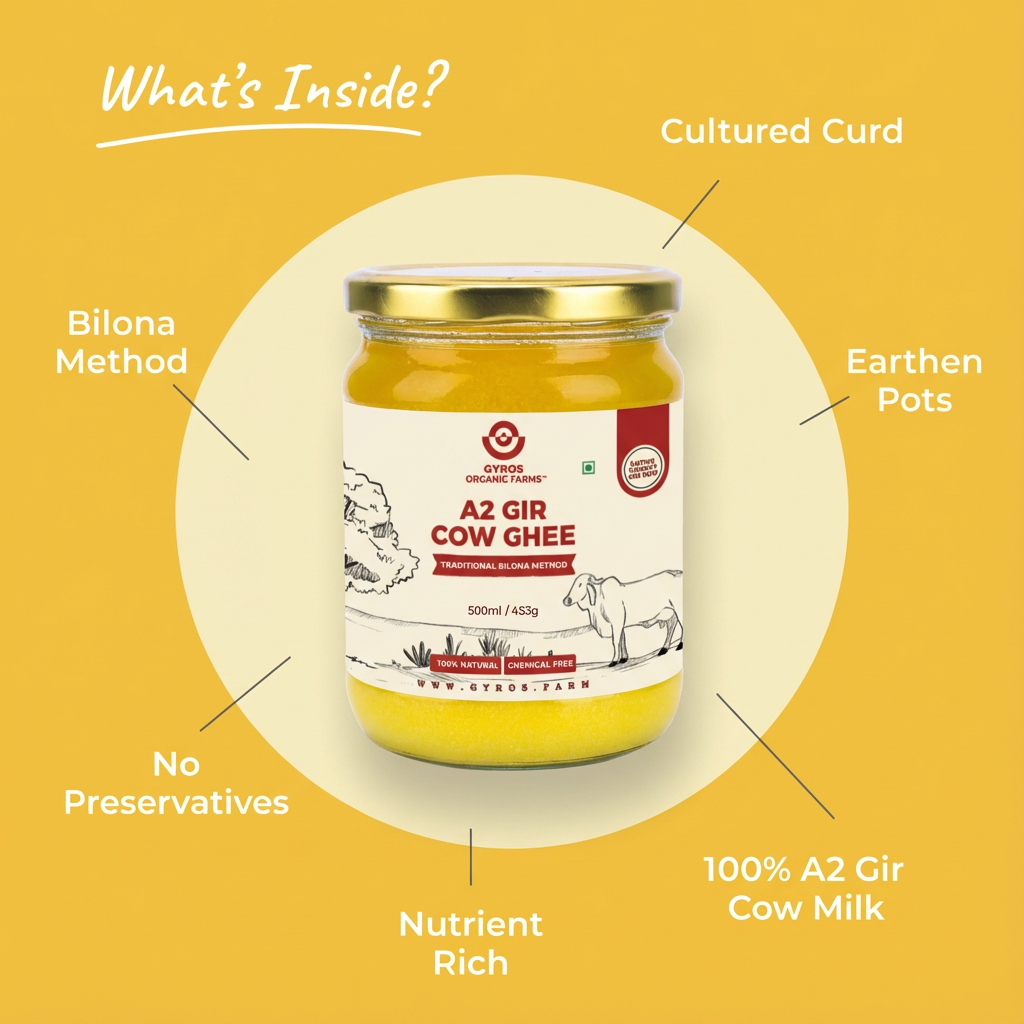A2 Gir Cow Ghee | Bilona Churned | From Grass-Fed Desi Gir Cows | Made in VILLAGE (From Free Roaming Cows), Not Gaushala