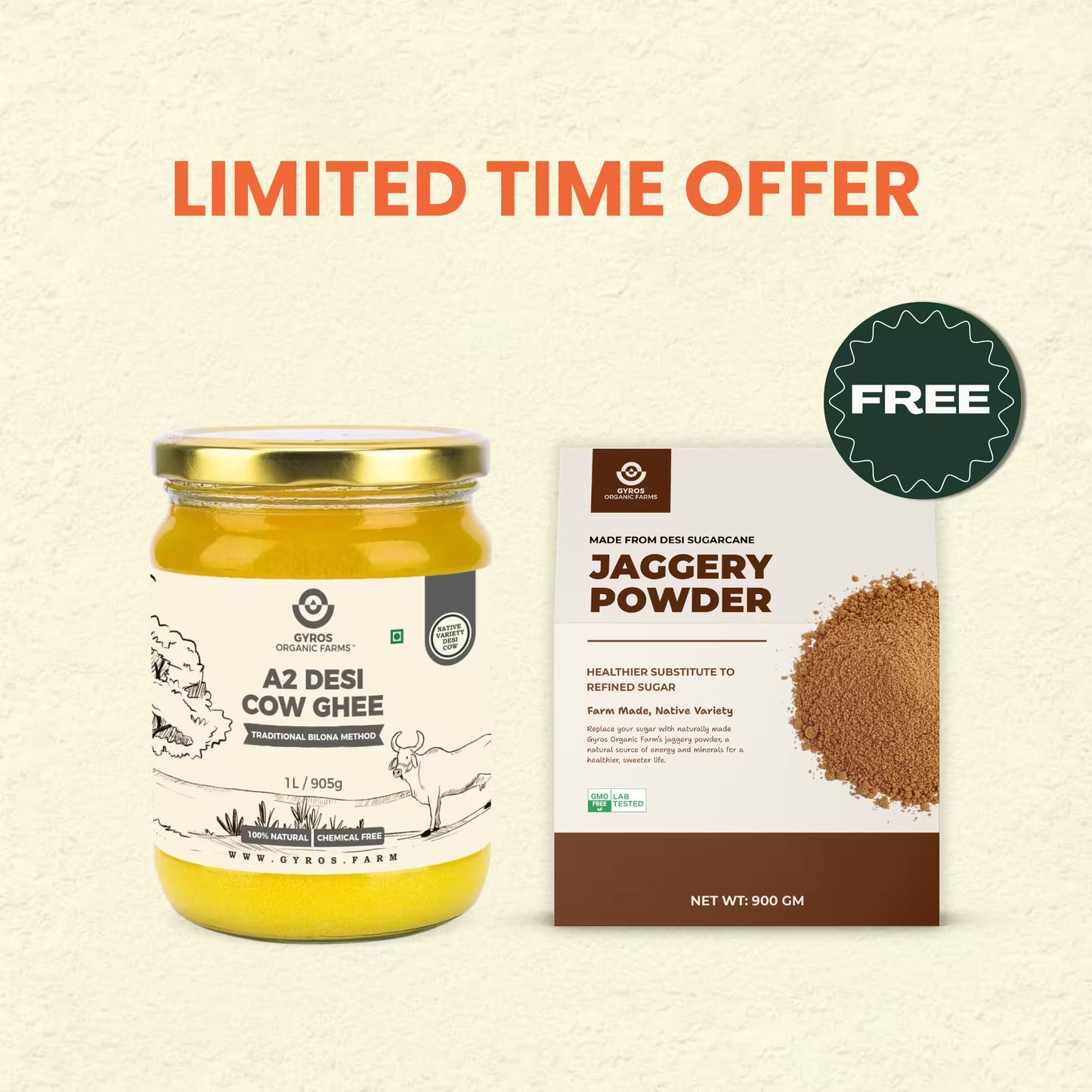 Free Jaggery Powder (900g) with A2 Desi Cow Ghee (1L) | Gut-Friendly Pair