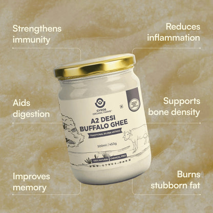 Gyros A2 desi buffalo ghee jar with highlighted benefits like better digestion, immunity support, and bone health.