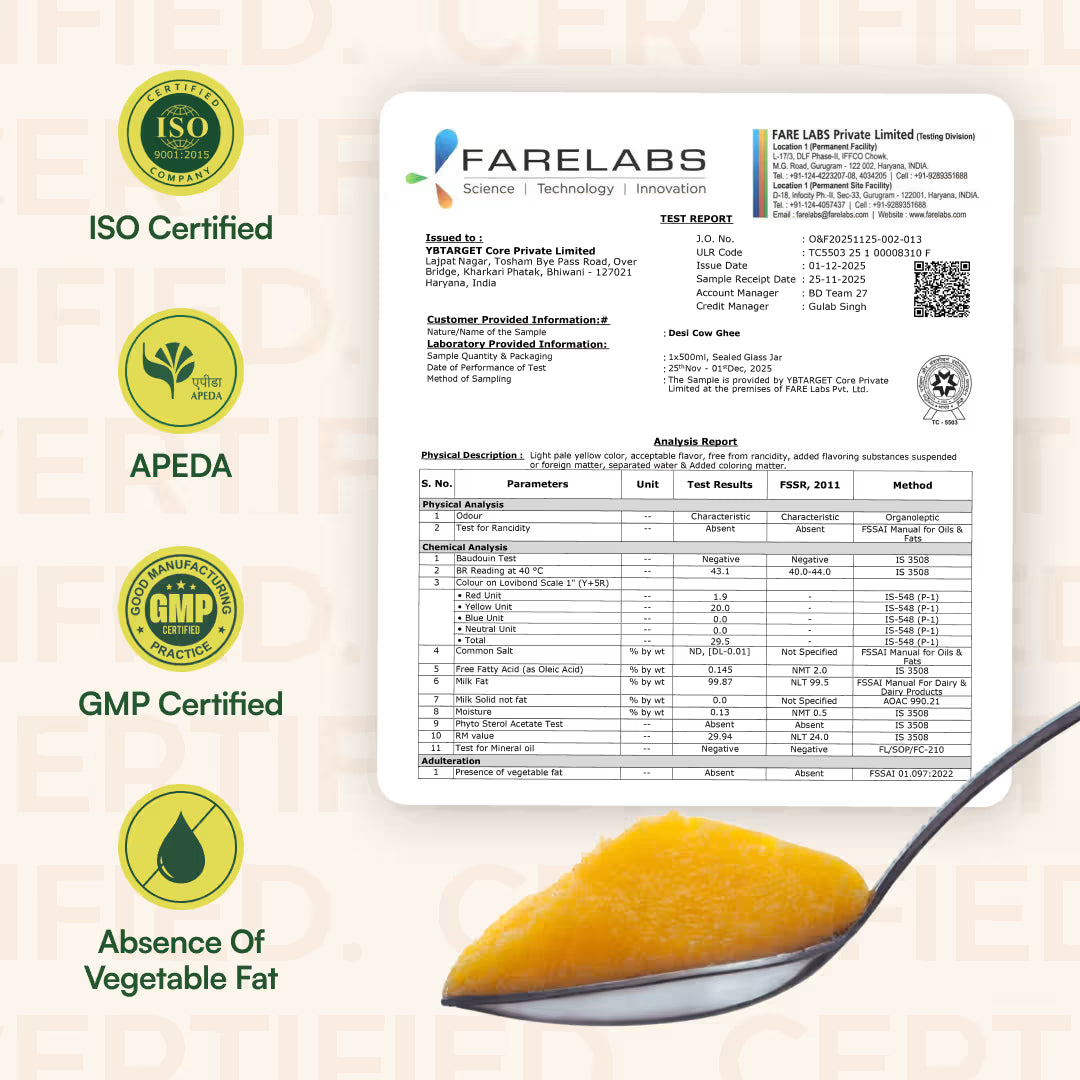 Lab test report for ghee with certification badges indicating quality standards and absence of adulteration.