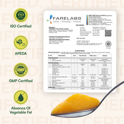 Lab test report for ghee with certification badges indicating quality standards and absence of adulteration.