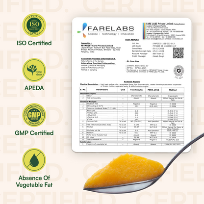 Lab-tested A2 gir ghee report with ISO, APEDA and GMP certifications displayed