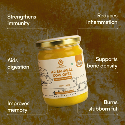 Jar of A2 Sahiwal Cow Ghee with health benefits listed on a textured brown background
