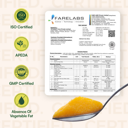 Gyros A2 Sahiwal cow ghee lab test report showing ISO, APEDA, and purity certification with no adulteration.