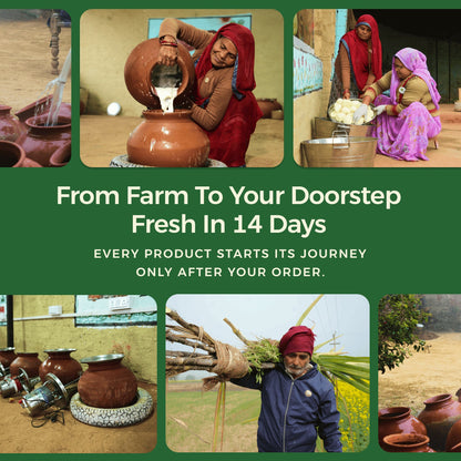 Gyros buffalo ghee farm-to-home journey visual showing traditional production and delivery within 14 days.