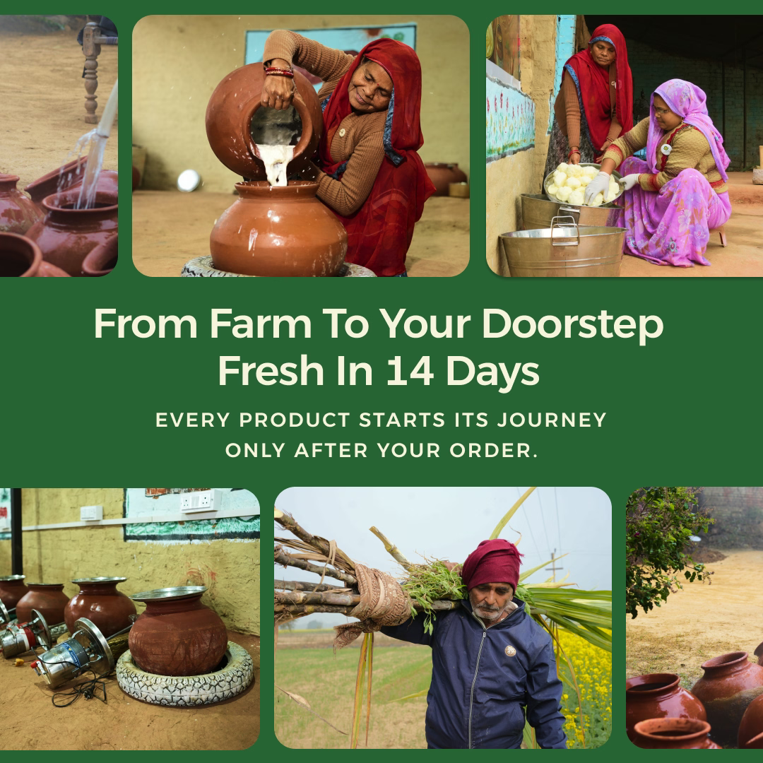 Gyros A2 desi cow ghee farm-to-home journey showing village production and fresh delivery within 14 days.