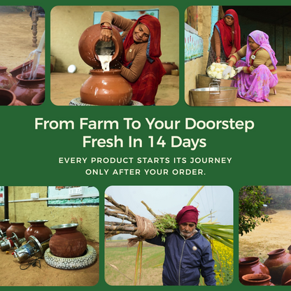 From farm to doorstep journey showing traditional ghee making and rural sourcing