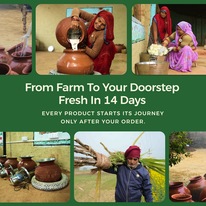 Gyros A2 Sahiwal cow ghee farm-to-home journey showing village production and fresh delivery within 14 days.