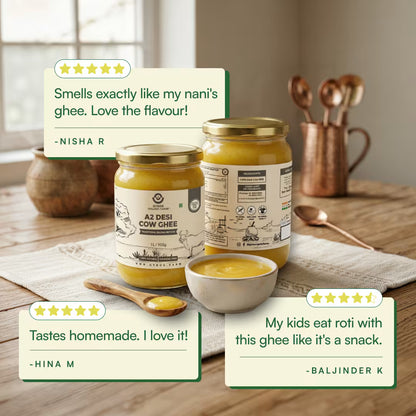 Two jars of ghee on a kitchen table with customer reviews praising taste, aroma, and quality.