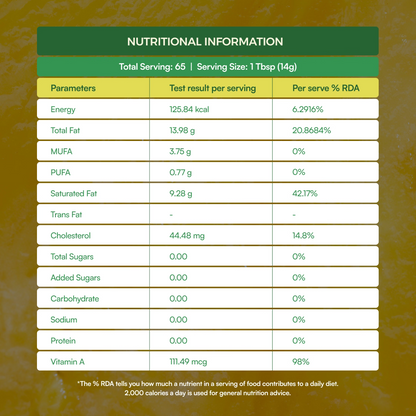 Nutritional values of A2 Gir cow ghee per serving including fats and vitamins