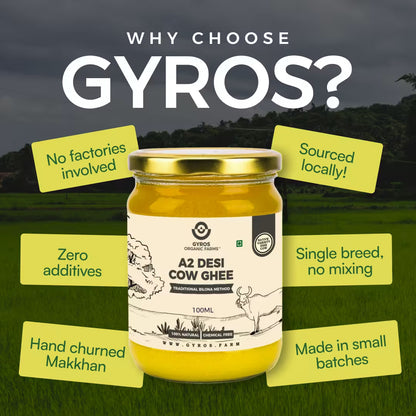 Jar of ghee with text highlighting key features like no factories, local sourcing, zero additives, and small batch production.