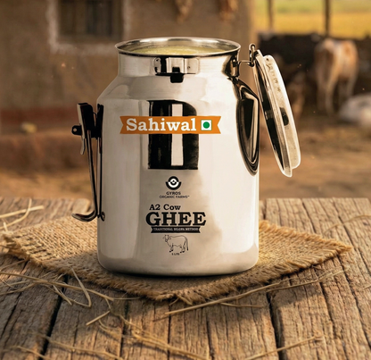 Gyros A2 Sahiwal cow ghee stored in a traditional steel dolchi placed on a rustic wooden table.