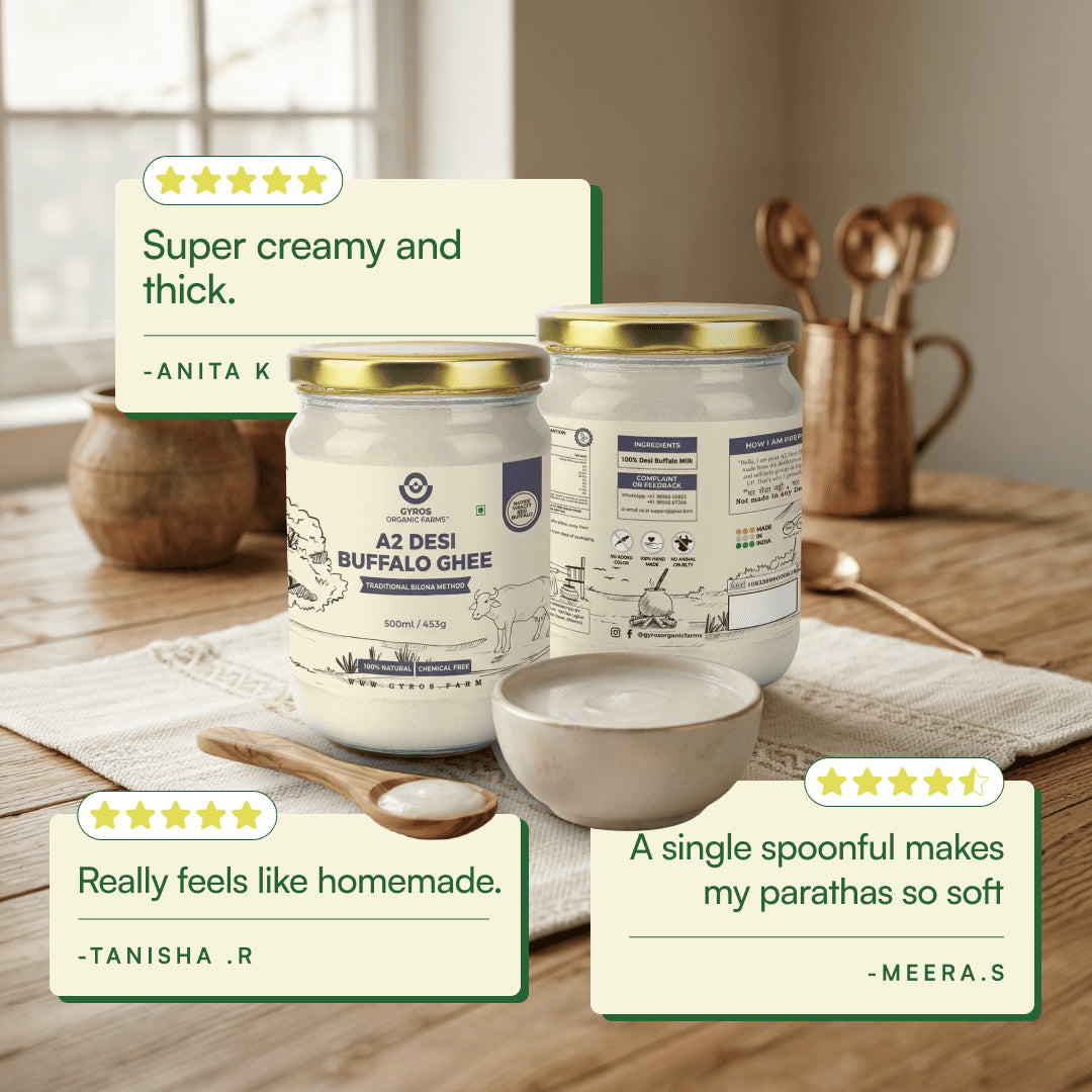 Gyros buffalo ghee jars with bowl and spoon displayed with customer reviews highlighting creamy texture and homemade taste.