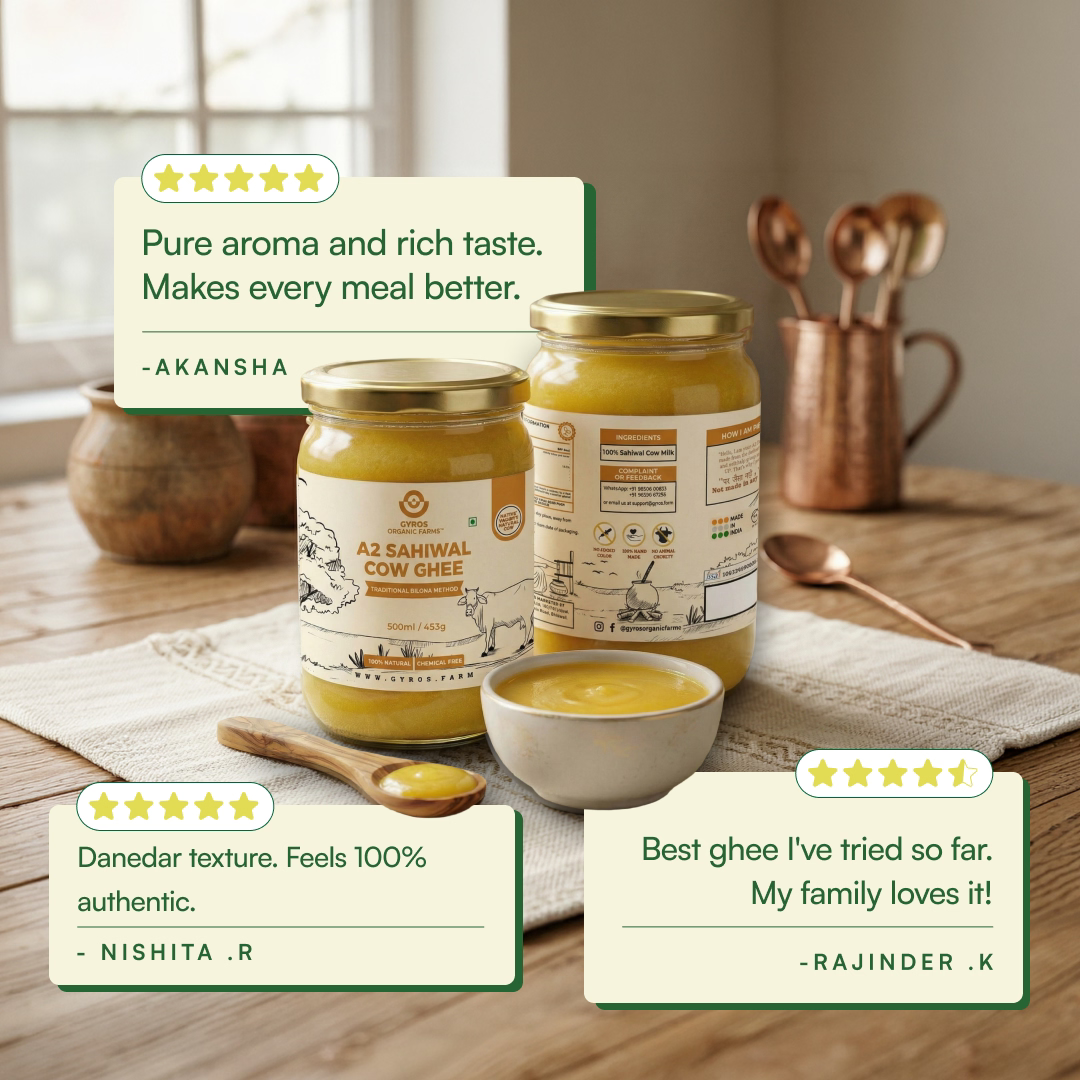 Gyros A2 Sahiwal cow ghee jars displayed with customer reviews highlighting taste, aroma, and authentic texture.