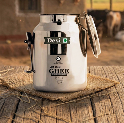 Gyros A2 desi cow ghee stored in a traditional steel dolchi placed on a wooden surface in a rural setting.