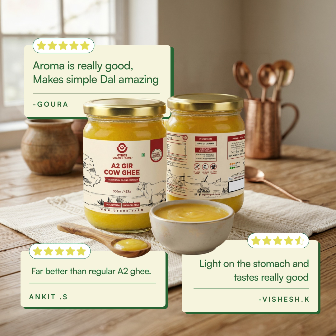 Customer reviews displayed with A2 Gir cow ghee jars and serving bowl on table