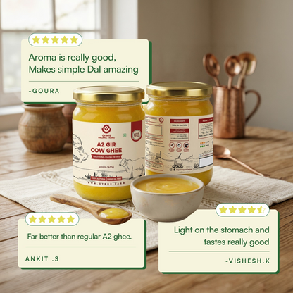 Customer reviews displayed with A2 Gir cow ghee jars and serving bowl on table