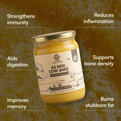 Jar of ghee surrounded by text listing health benefits such as improved digestion, immunity, and bone support.