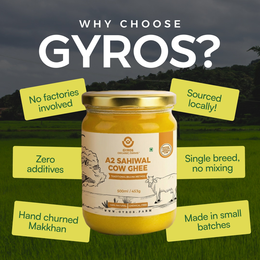 Gyros A2 Sahiwal cow ghee jar with key features like no additives, local sourcing, and small batch production.