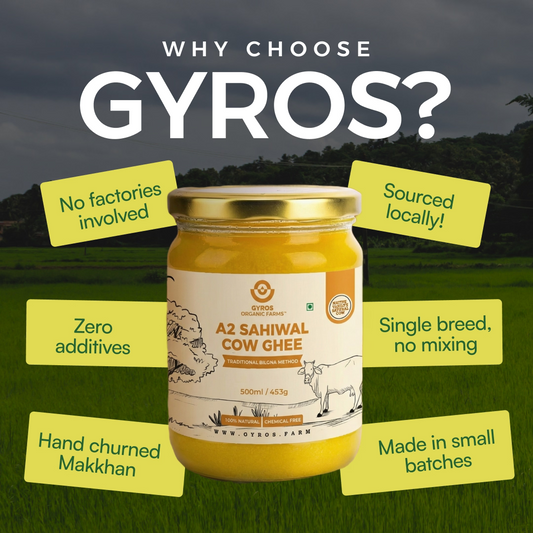 Gyros A2 Sahiwal cow ghee jar with key features like no additives, local sourcing, and small batch production.