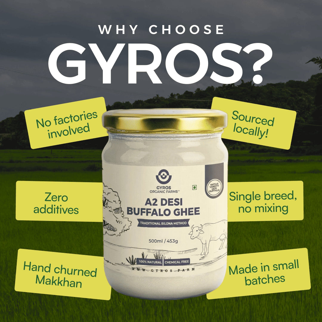 Gyros A2 desi buffalo ghee jar with key features like no additives, locally sourced milk, and small batch production.