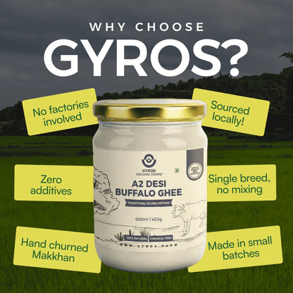 Gyros A2 desi buffalo ghee jar with key features like no additives, locally sourced milk, and small batch production.