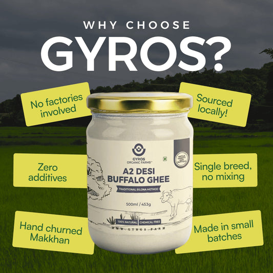 Gyros A2 desi buffalo ghee jar with key features like no additives, locally sourced milk, and small batch production.